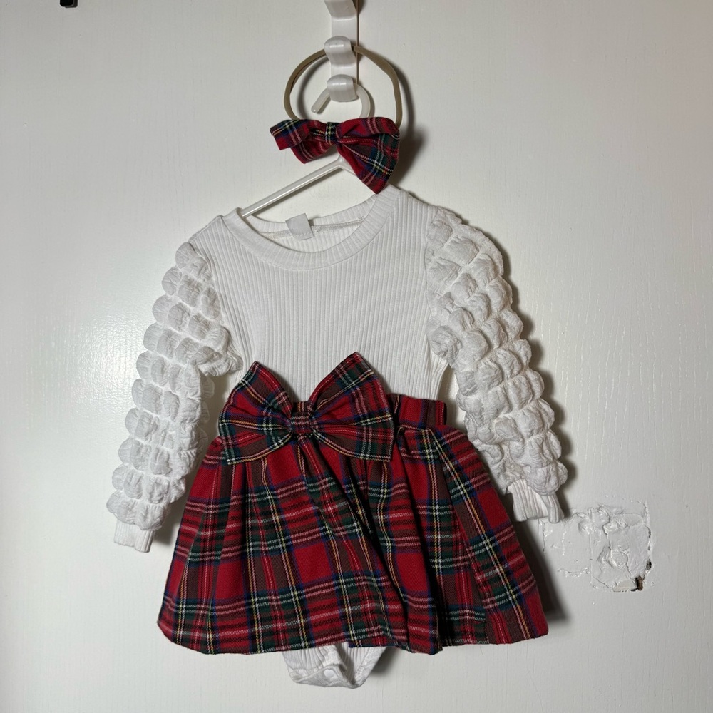 Plaid Red and White Baby Dress with Bow